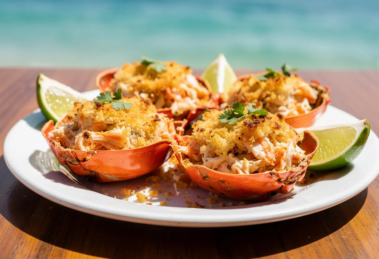 Crab shells filled with baked crab stuffing under a golden crust of breadcrumbs and cheese, with lime wedges