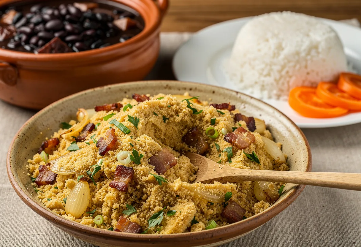 Bowl of golden, sandy toasted cassava flour with crisp bacon bits, onion and green herbs