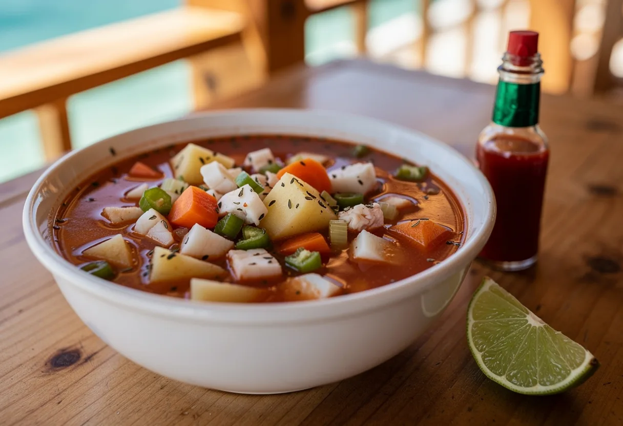 A bowl of red, brothy conch chowder with diced potatoes, carrots and pieces of conch