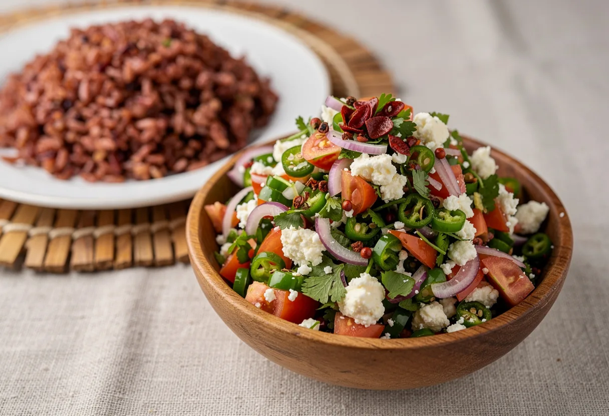 A small bowl of chopped red and green chilies, tomato, red onion and coriander mixed with crumbled white cheese