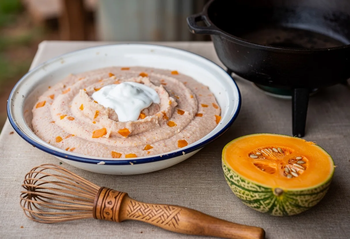 Bowl of soft, pale orange-flecked sorghum and melon porridge with a wooden whisk