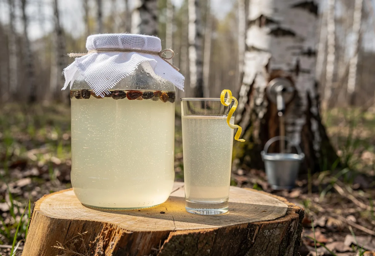 Large glass jar and a glass of pale, slightly cloudy fermented birch sap with raisins, in a birch wood