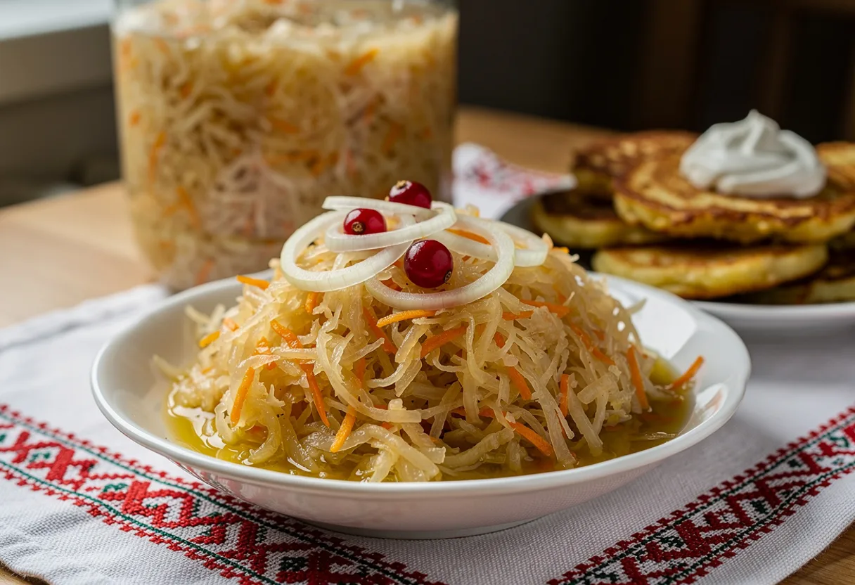 Bowl of pale golden sauerkraut with shreds of orange carrot and red cranberries, dressed with oil and onion