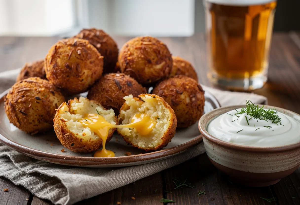 Plate of crisp golden fried potato balls, one broken open to show melted cheese, with a bowl of sour cream