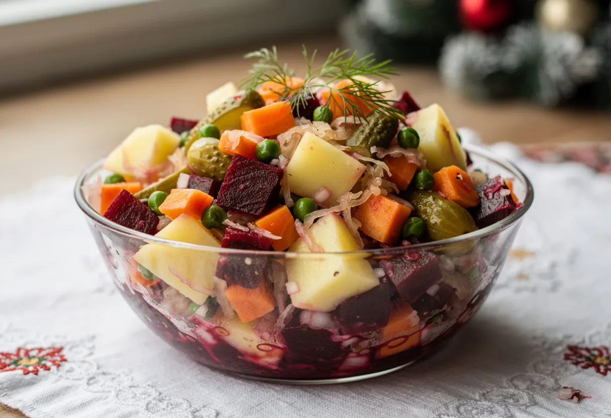 Bowl of vinegret salad: ruby beet cubes, potato, carrot, pickle, sauerkraut and green peas glistening with oil