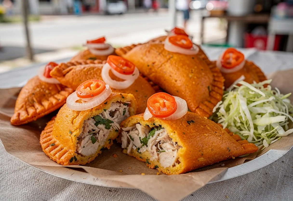 Small crisp golden-orange corn turnovers topped with pickled onion and habanero slices