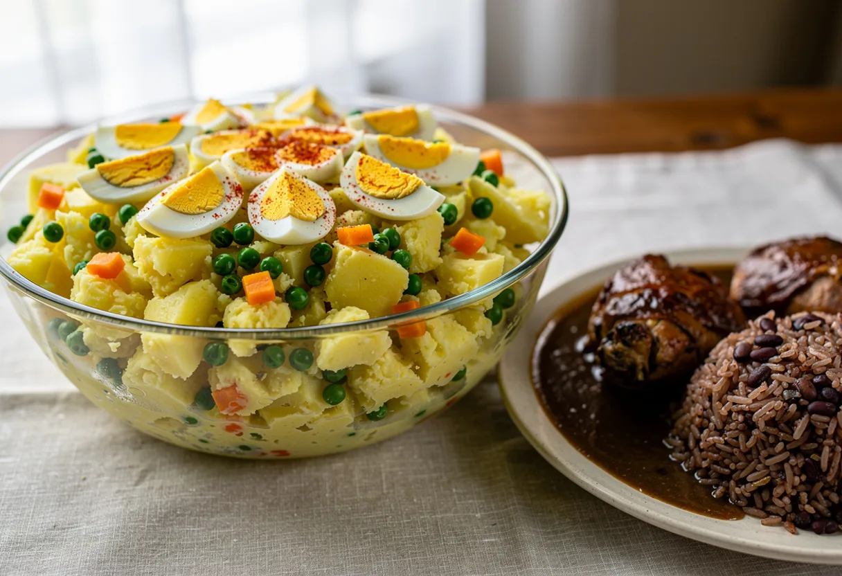 Creamy potato salad with chopped egg, green peas and orange carrot cubes, dusted with paprika