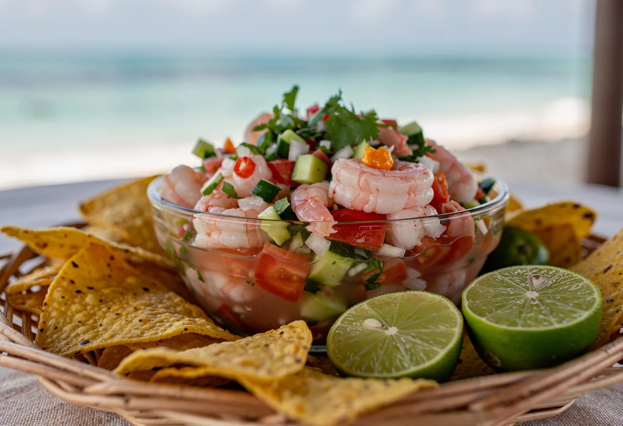 A bowl of shrimp ceviche with diced tomato, onion, cucumber and cilantro, surrounded by corn tortilla chips