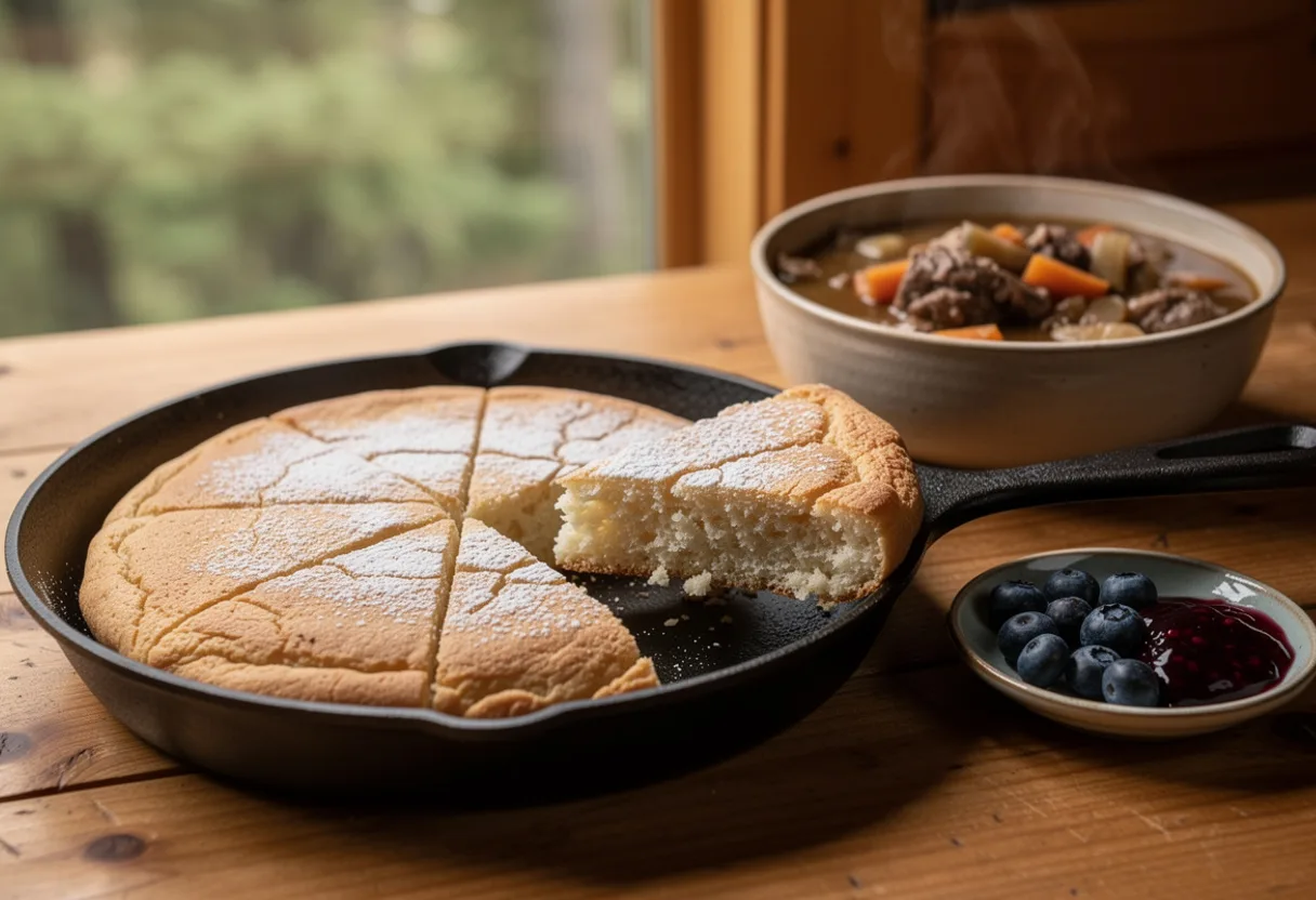 A round golden bannock in a cast-iron pan, scored into wedges, with a bowl of stew and wild berries