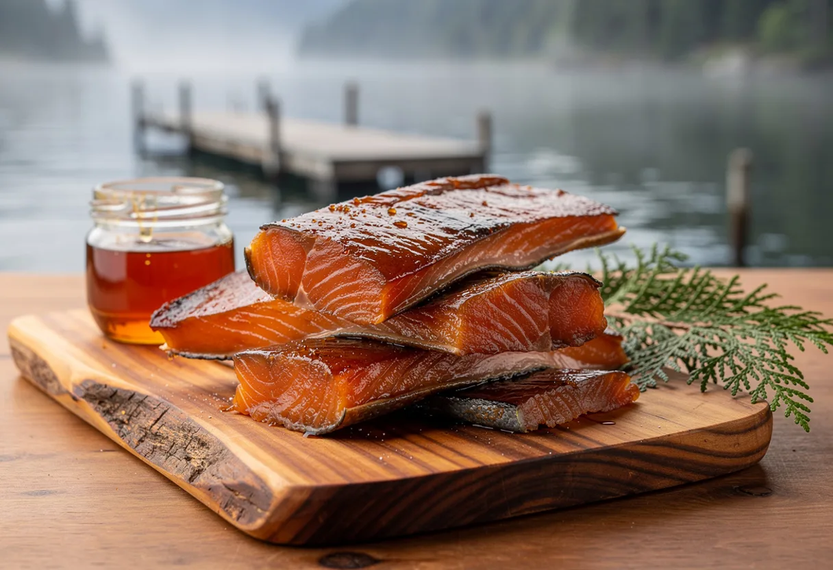 Glossy mahogany strips of candied smoked salmon, glazed with maple syrup, on a cedar board