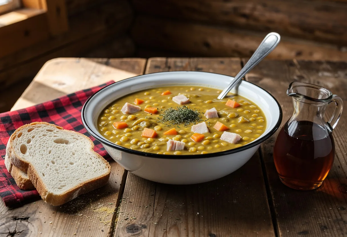 A bowl of thick golden yellow pea soup with diced carrot and cubes of salt pork, beside a slice of bread