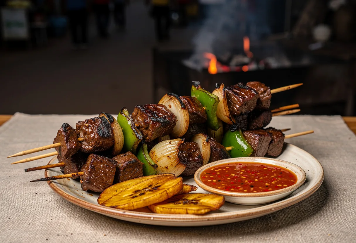 Charcoal-grilled beef skewers threaded with onion and green pepper, with a dish of chili sauce