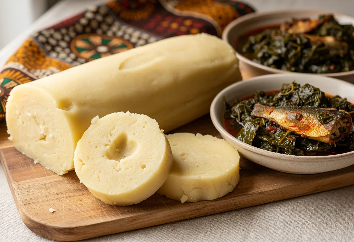 A smooth, pale yellow log of pounded plantain cut into thick pieces beside a bowl of green cassava-leaf stew
