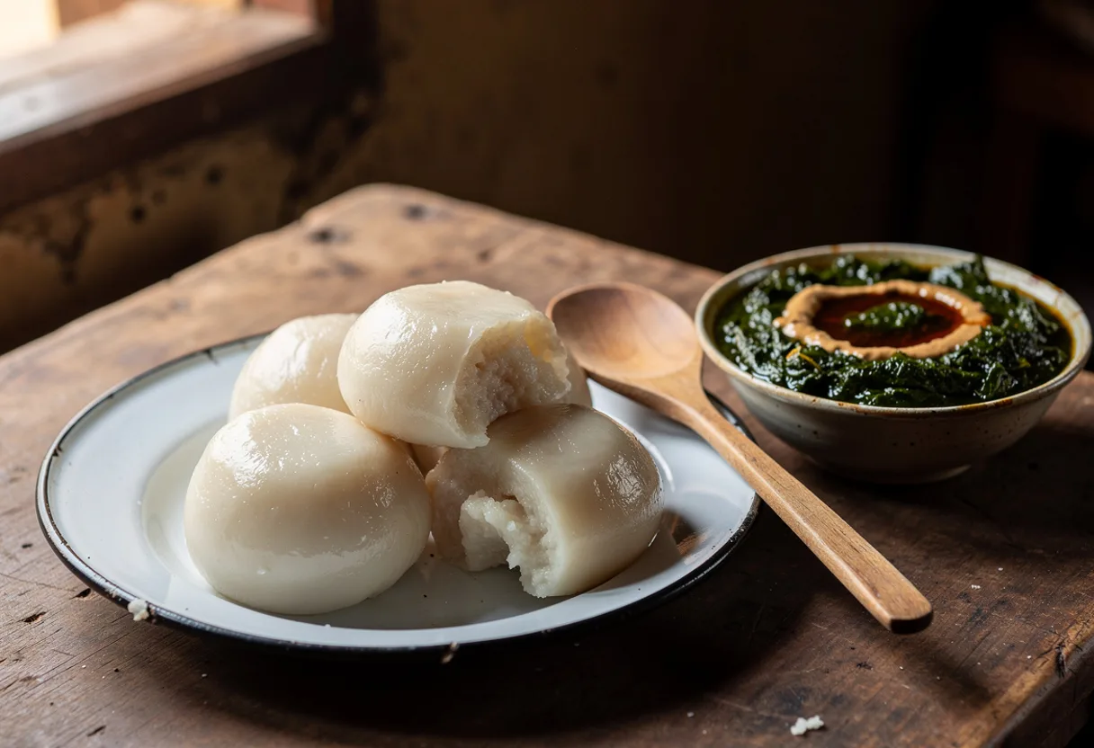 Smooth, glossy balls of pale cassava gozo beside a bowl of dark green cassava-leaf sauce