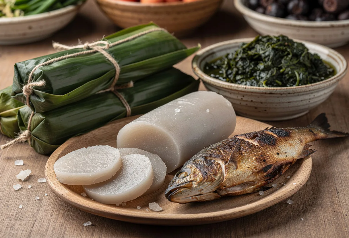 Long batons of pale grey fermented cassava in opened green leaf wrappers, one sliced into rounds