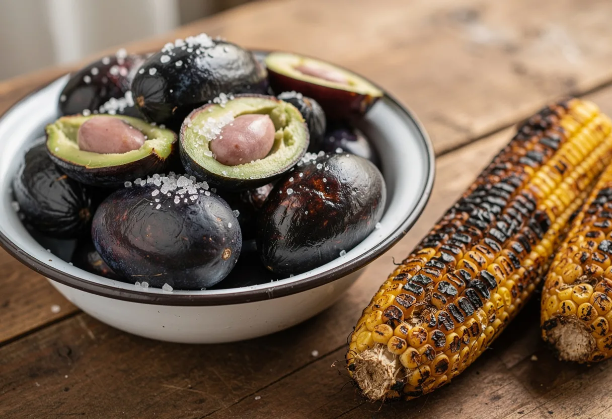 Warm purple-black safou plums, one split to show pale green buttery flesh, beside roasted corn cobs