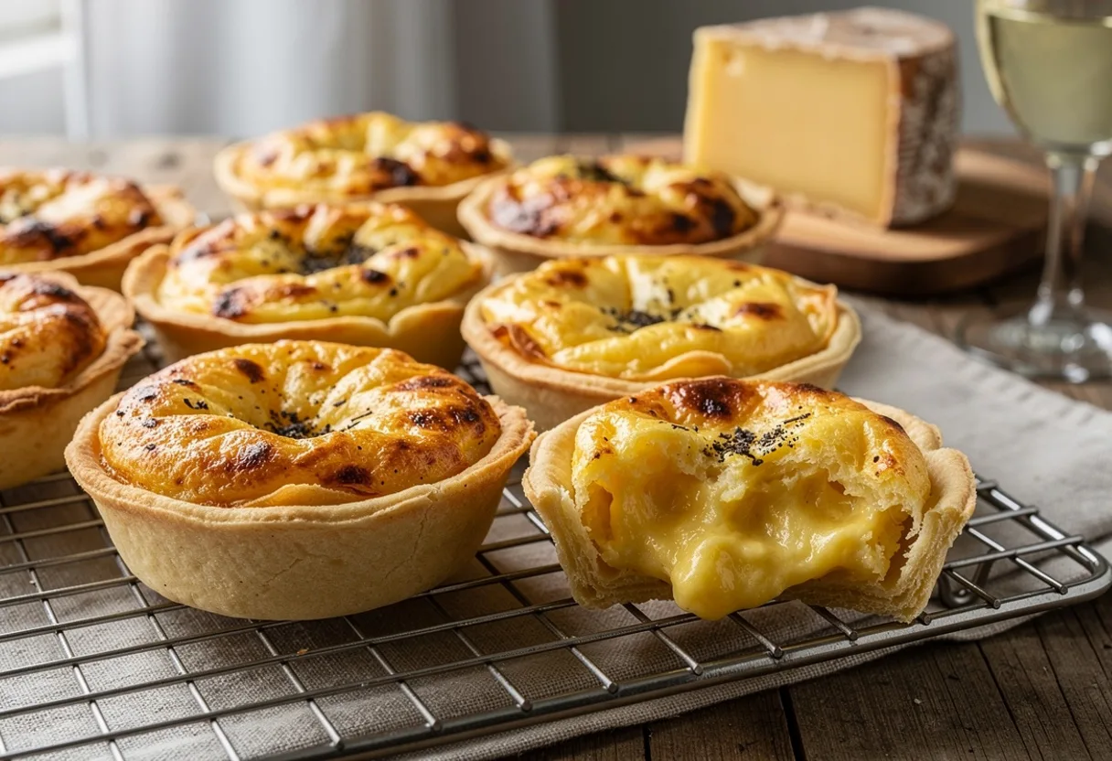 Small round Swiss cheese tartlets with puffed, golden-brown speckled cheese custard in crisp pastry cases