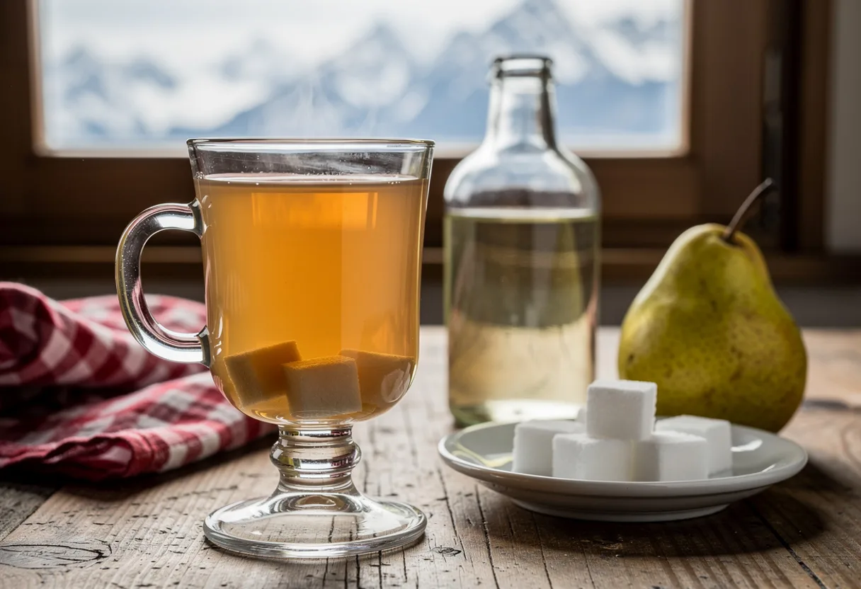 A glass of pale, tea-coloured coffee with sugar cubes and a small bottle of Swiss fruit brandy