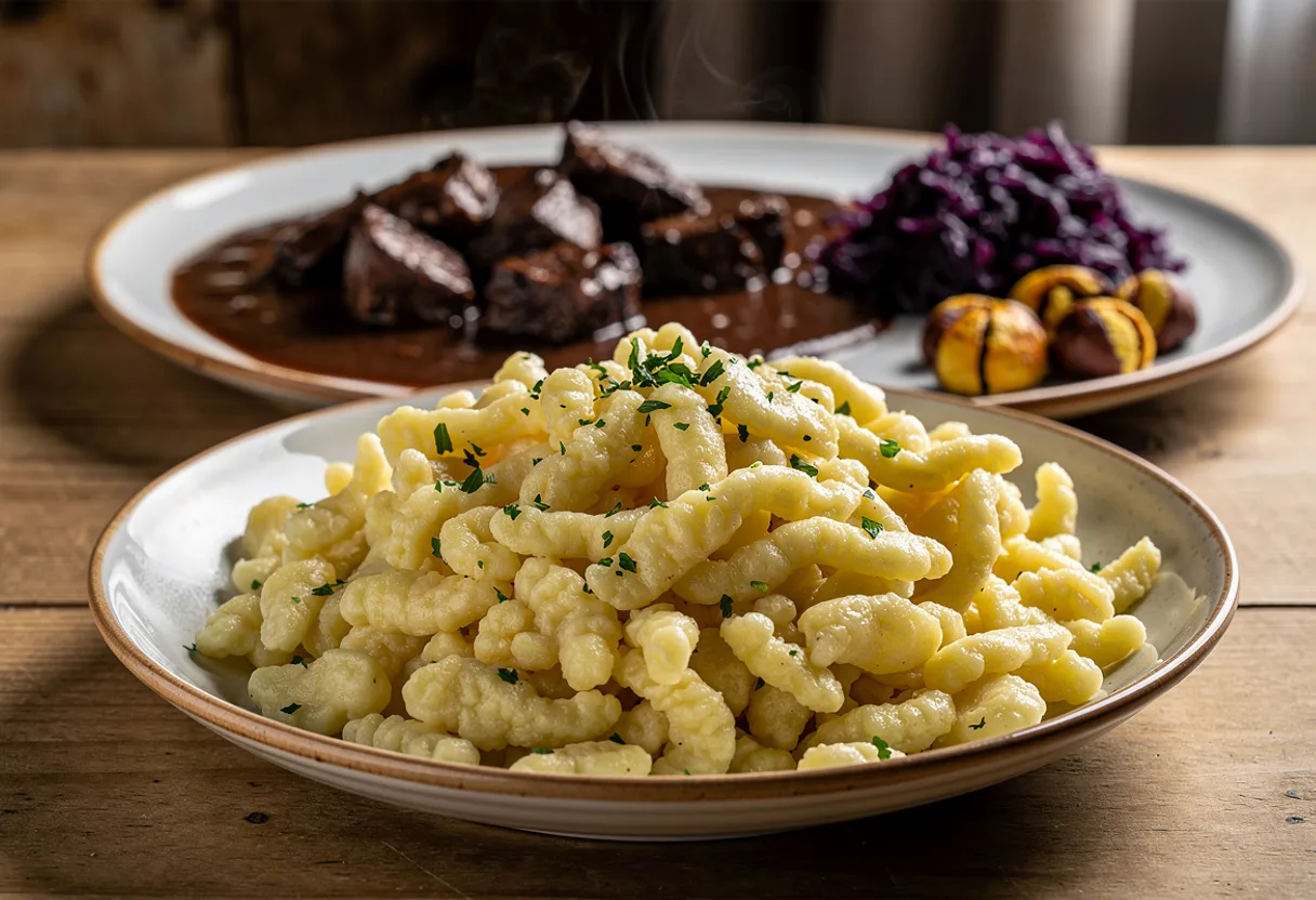 A bowl of small, irregular golden Swiss Knöpfli dumplings glossy with butter, next to venison stew and red cabbage