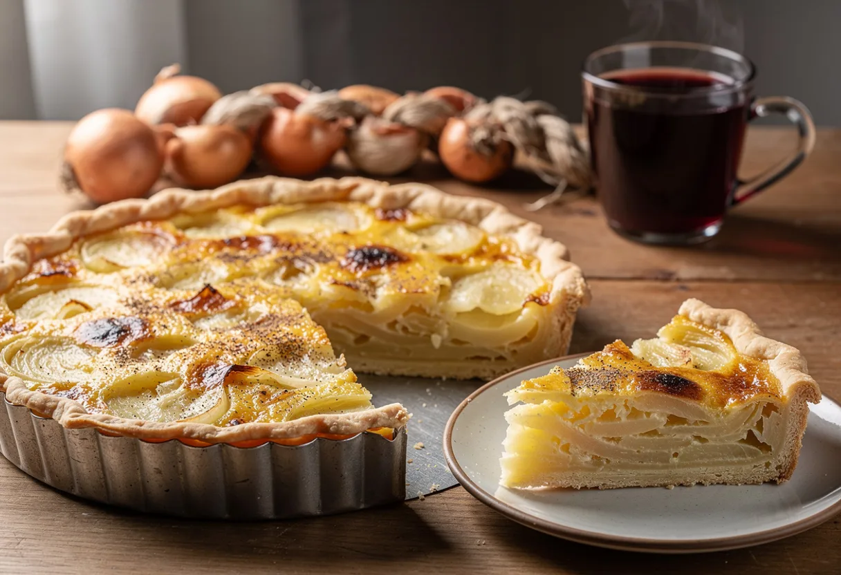 Golden Bernese onion tart in a fluted tin, soft onions set in a browned egg custard, with one warm wedge cut out