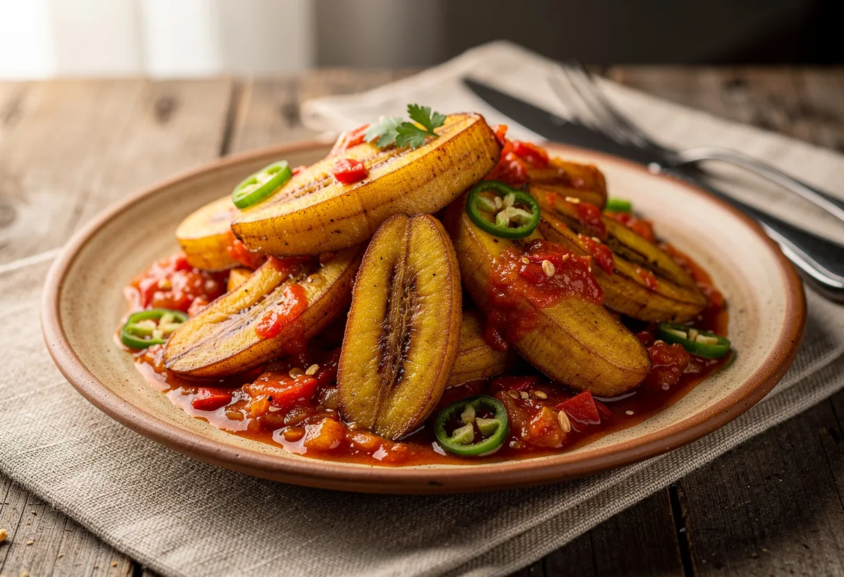 Golden fried plantain pieces with red tomato-chili sauce