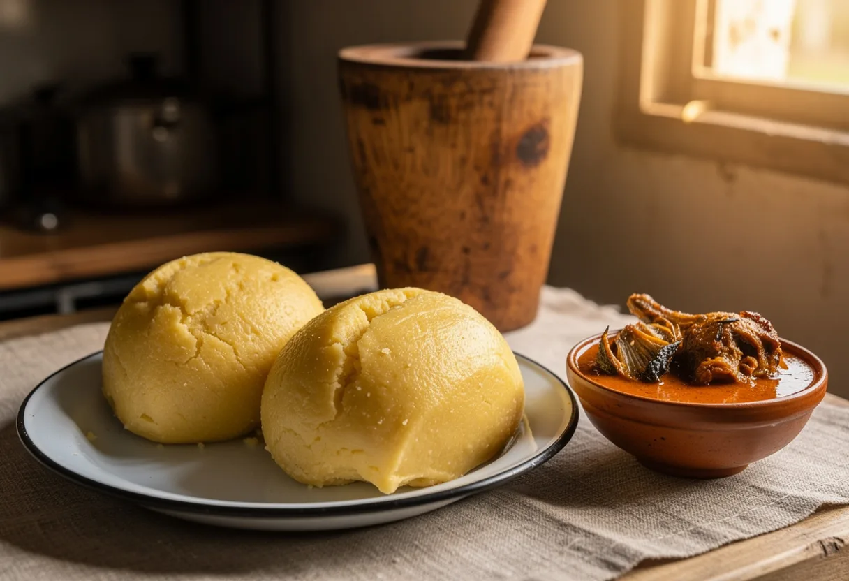 Smooth, pale yellow balls of pounded plantain beside a bowl of red palm-nut sauce