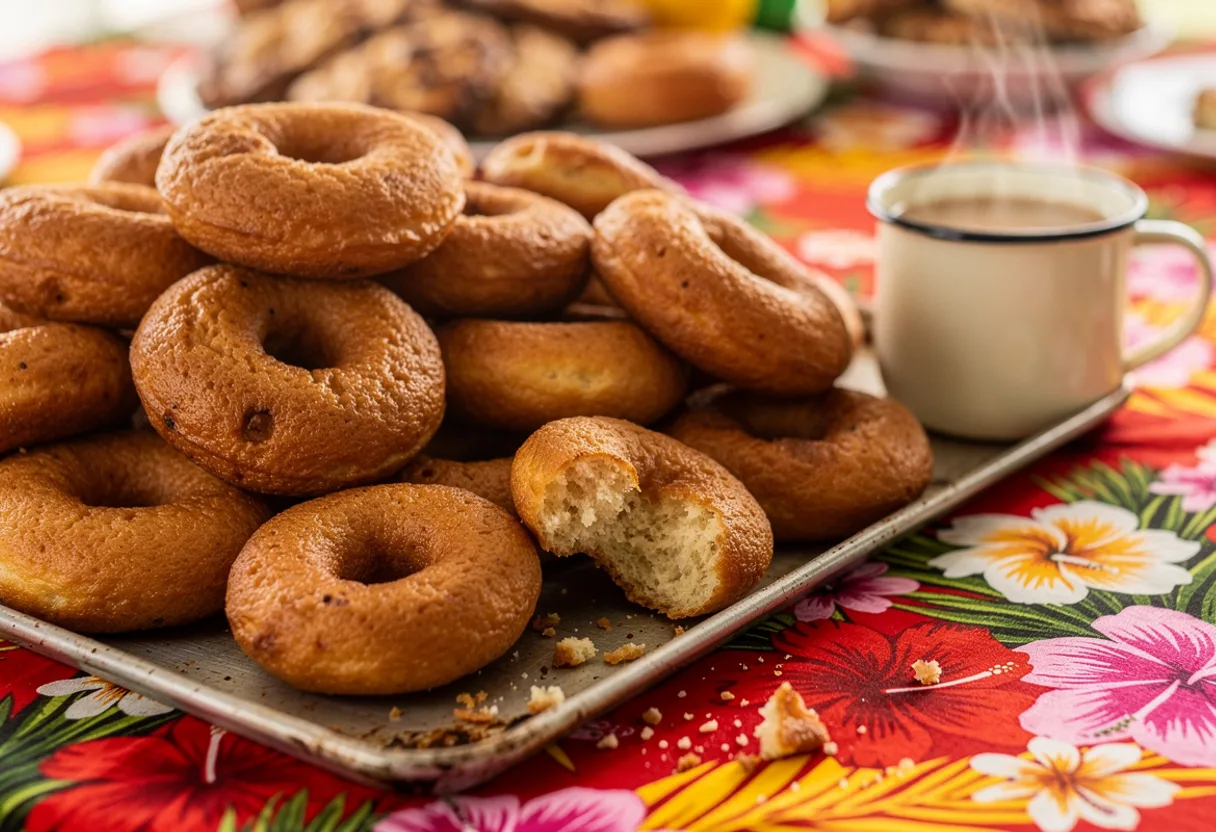 A pile of large, rustic, golden-brown ring doughnuts on a tray with a cup of tea