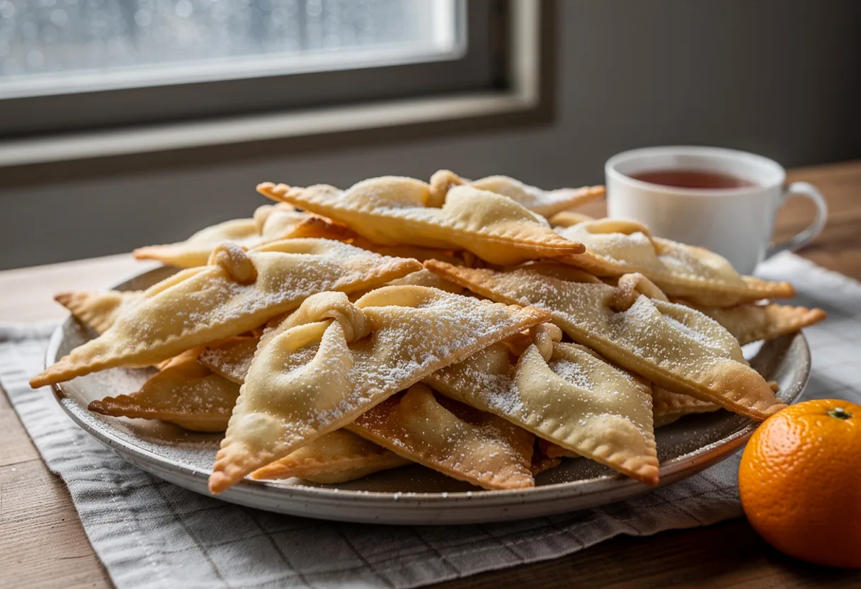A platter of golden twisted fried pastries dusted heavily with icing sugar