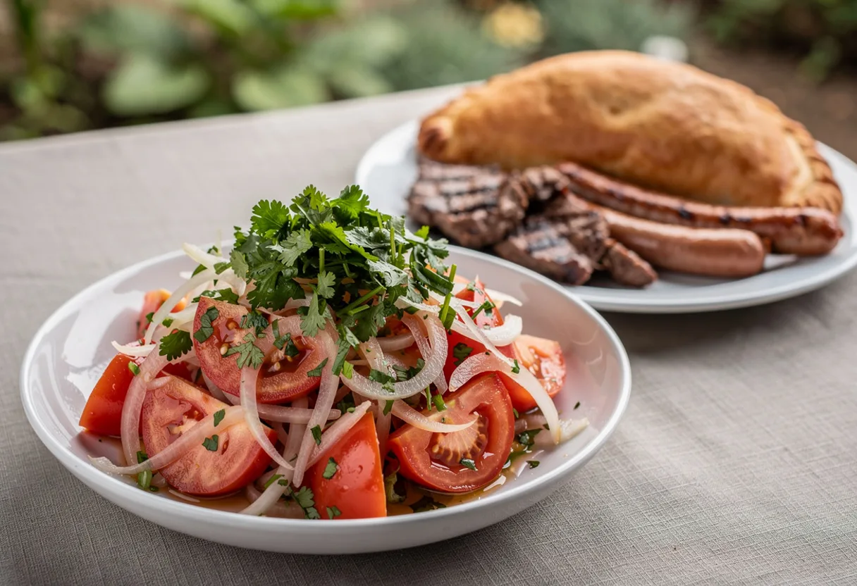 Wedges of red tomato with thin feathers of white onion and chopped green cilantro in a shallow bowl