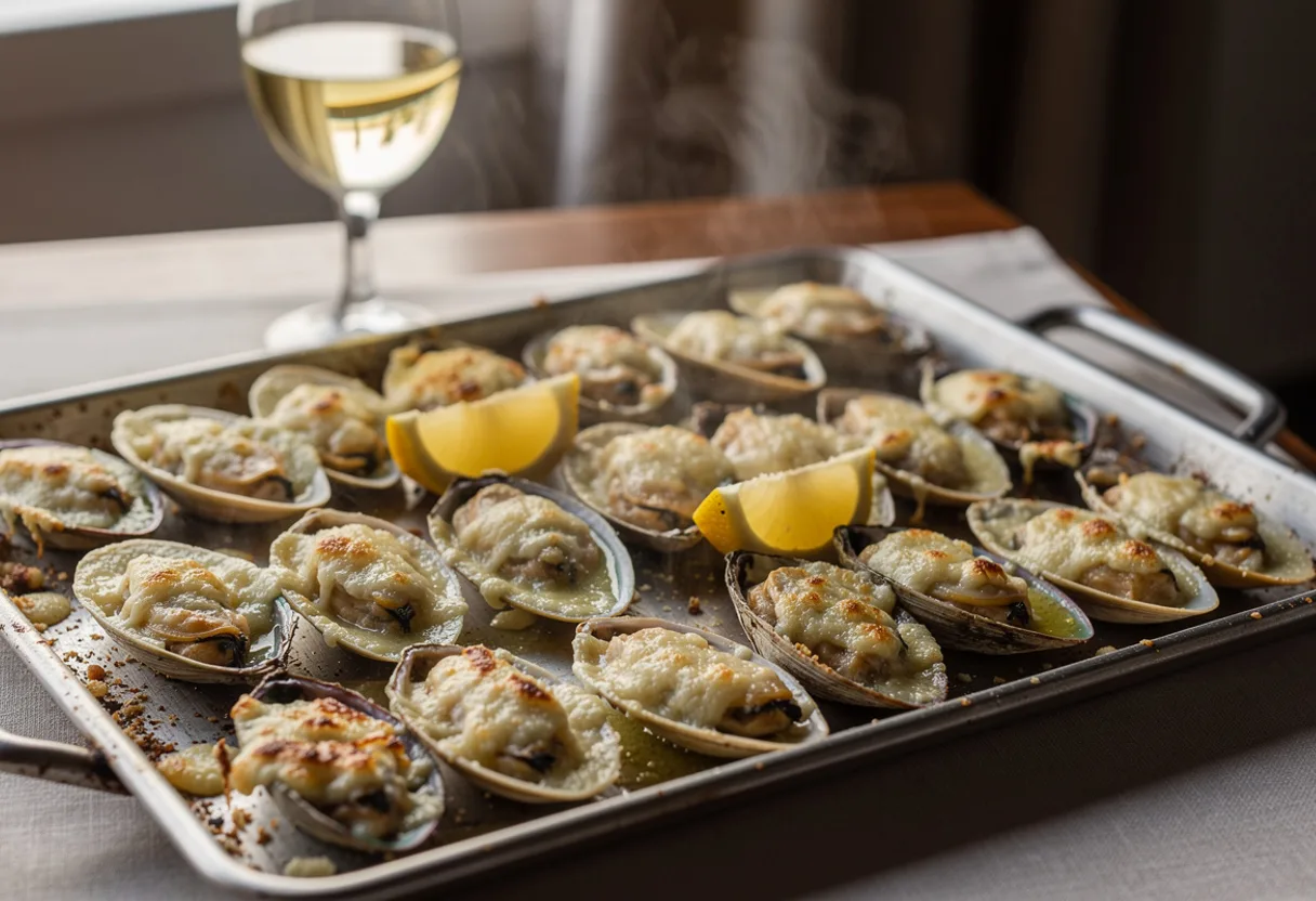 Clams on their half shells covered in bubbling golden melted Parmesan on a baking tray with lemon