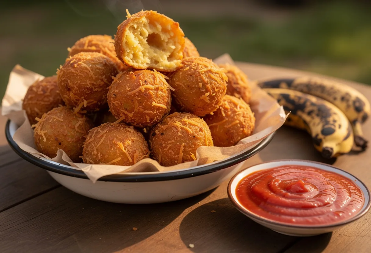 A pile of small, round, deep golden-brown banana and cassava fritters with a dish of red pepper sauce