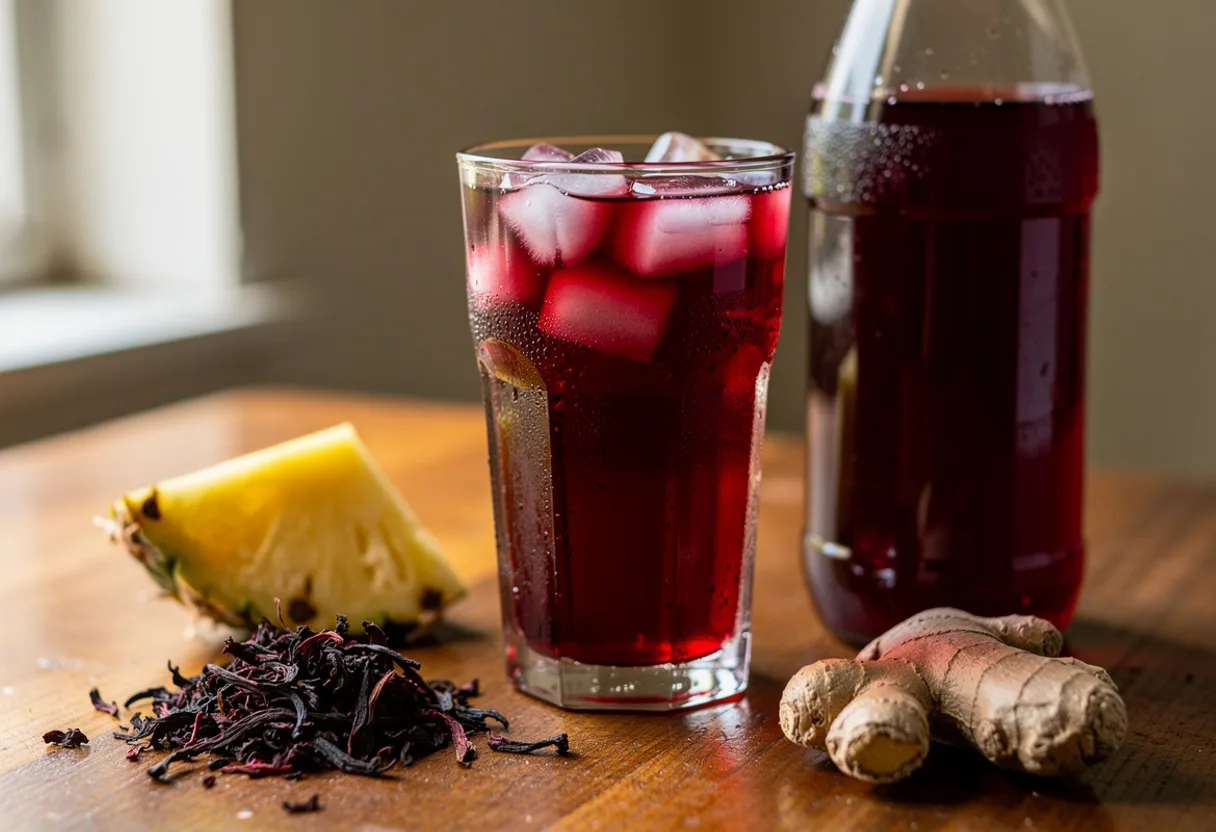Glasses and a bottle of deep ruby-red hibiscus drink over ice, with pineapple and ginger