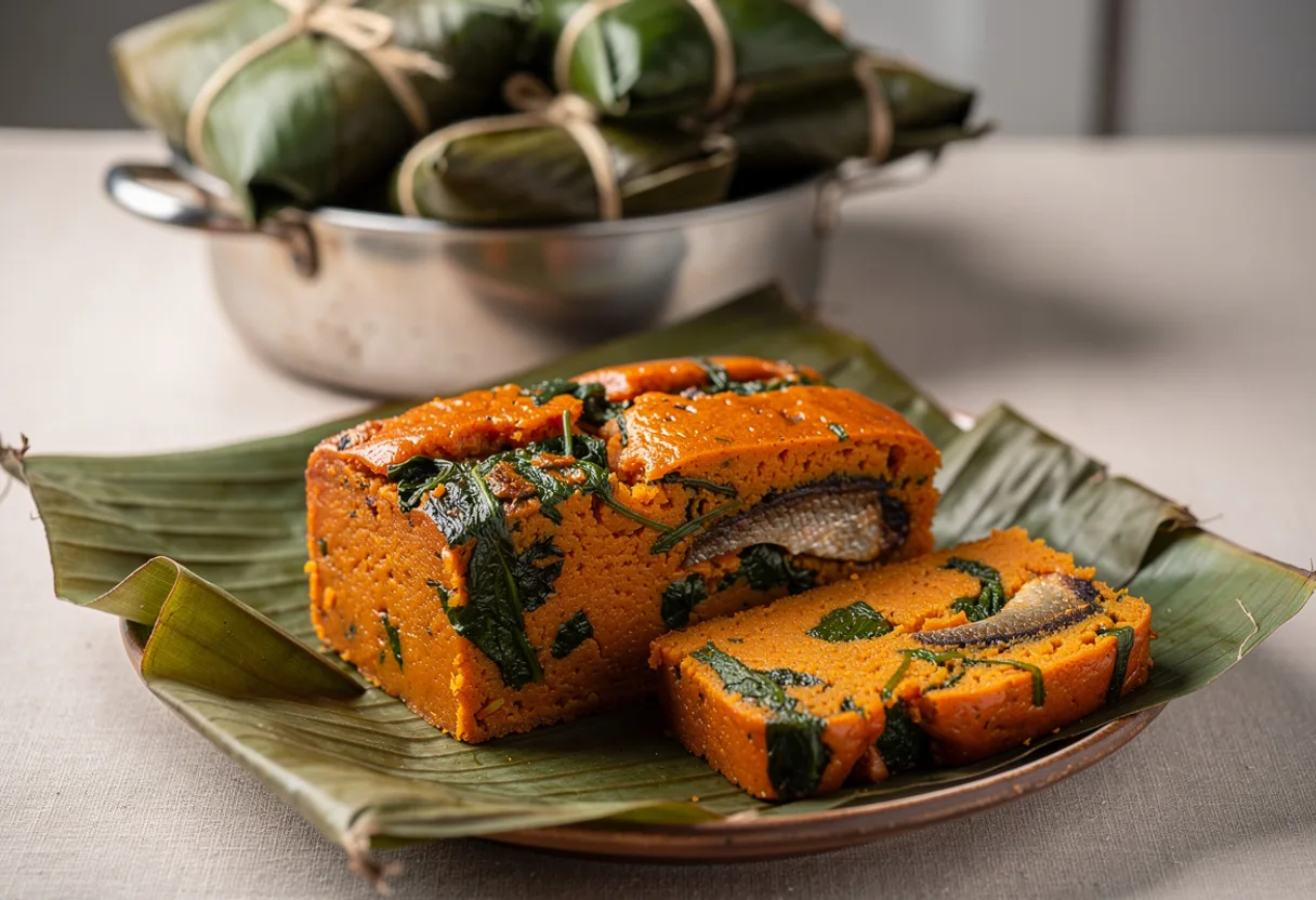 Opened banana-leaf parcel of orange-red steamed grated cocoyam studded with smoked fish and greens