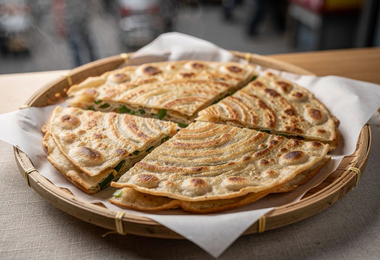 Round golden flaky scallion pancakes cut into wedges, showing thin layers flecked with green onion