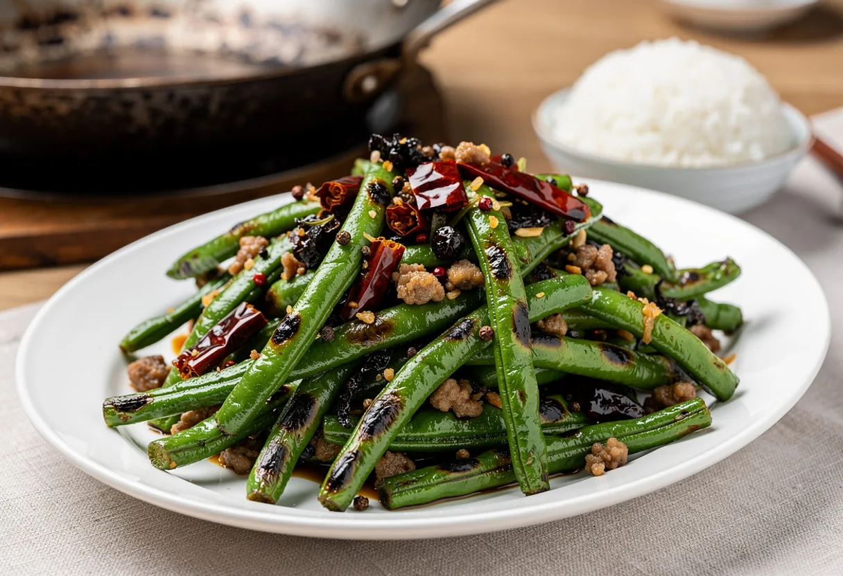 Wrinkled, blistered green beans stir-fried with minced pork, dried red chillies and Sichuan peppercorns