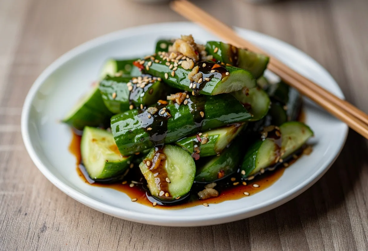 Craggy smashed cucumber pieces glistening with black vinegar, garlic, sesame seeds and red chili oil in a white dish