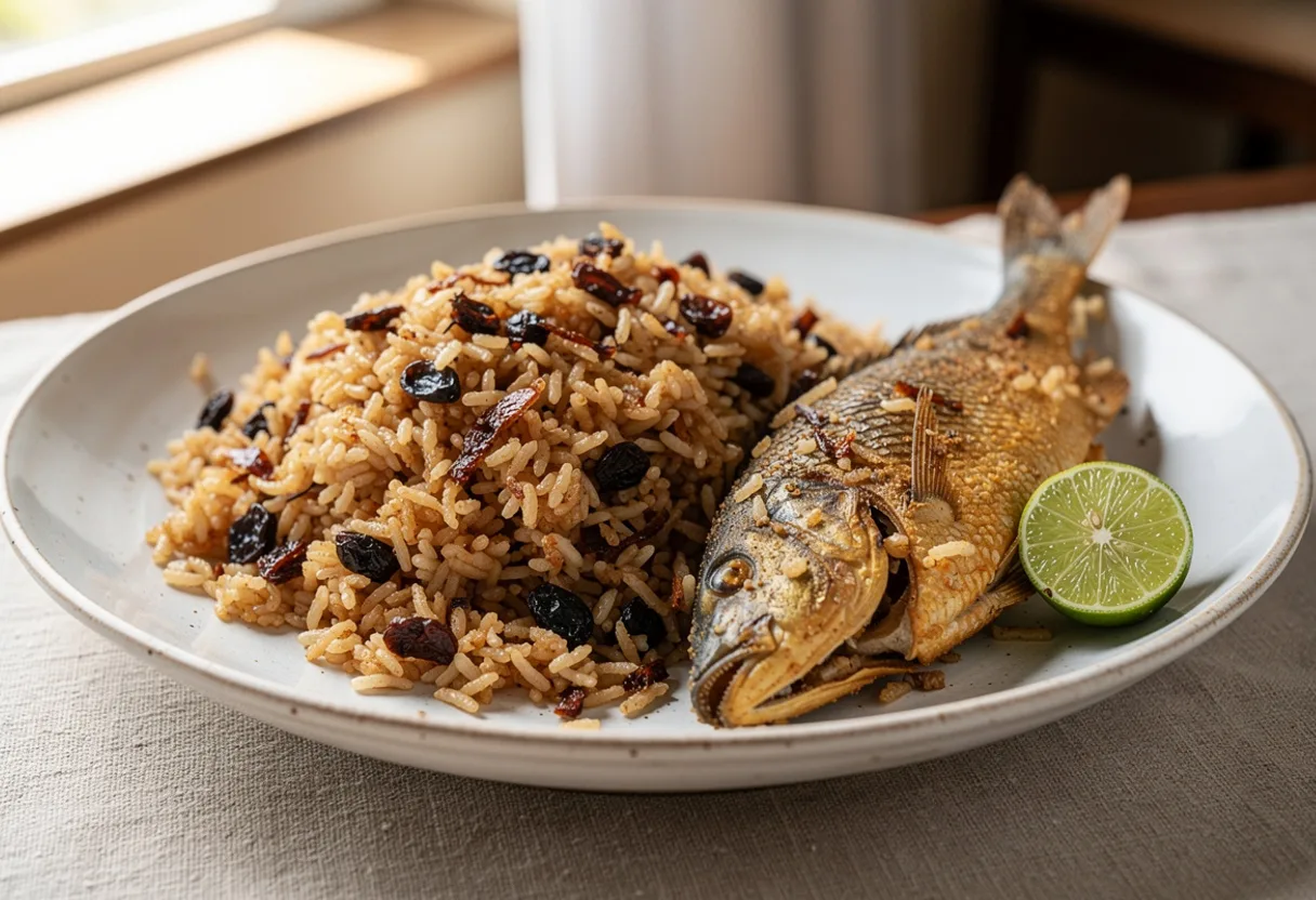 A bowl of light brown coconut rice studded with raisins beside a fried whole fish and lime