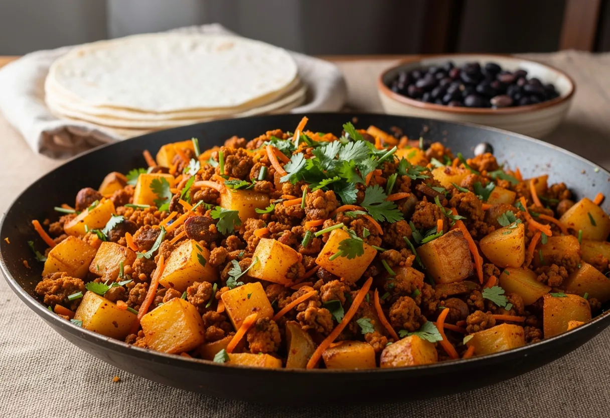 A pan of small potato cubes tinted orange with achiote, mixed with crumbled chorizo, carrot and cilantro, with corn tortillas