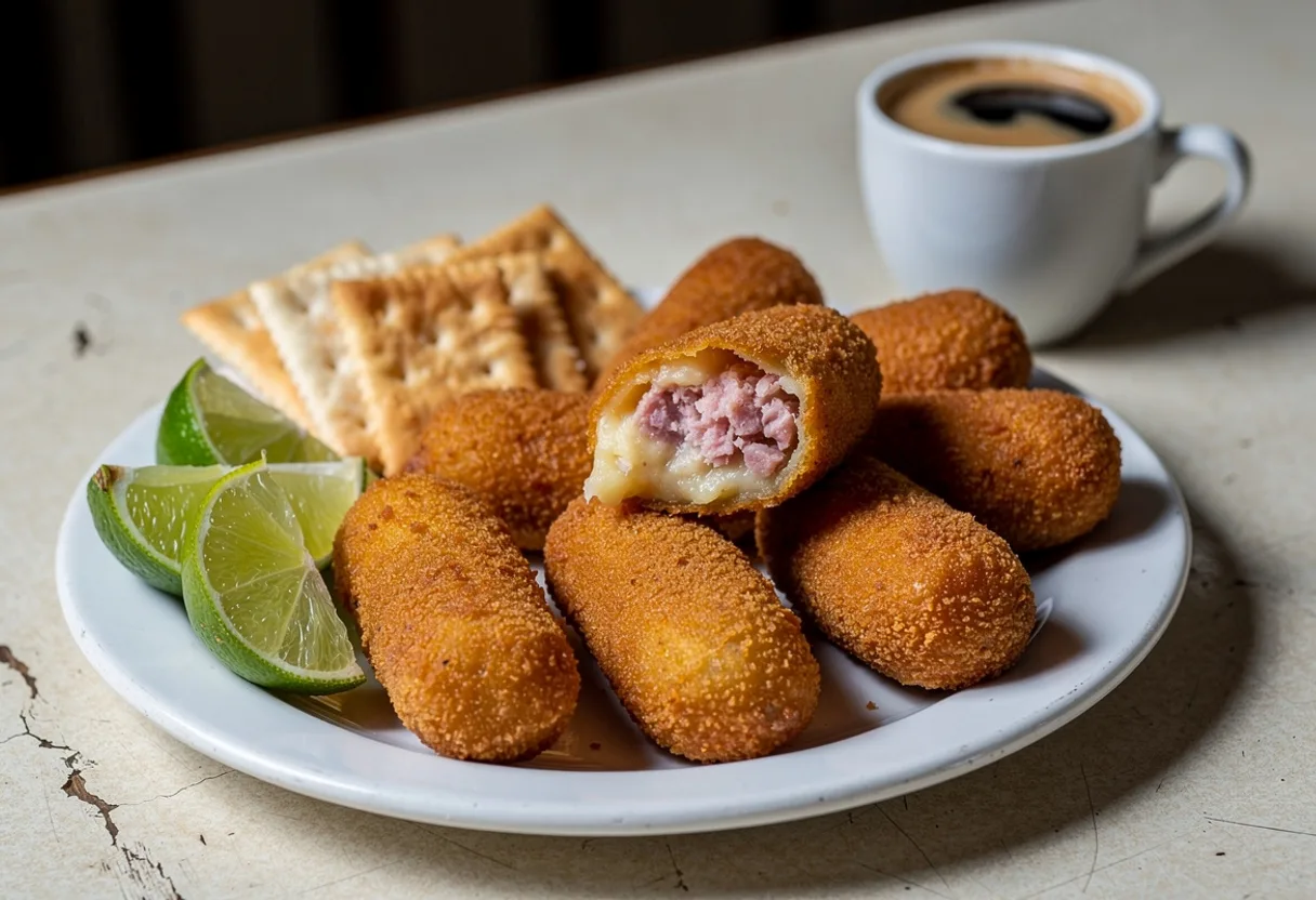 Golden fried ham croquettes shaped like small logs, one broken open to show a creamy pink filling, with lime wedges