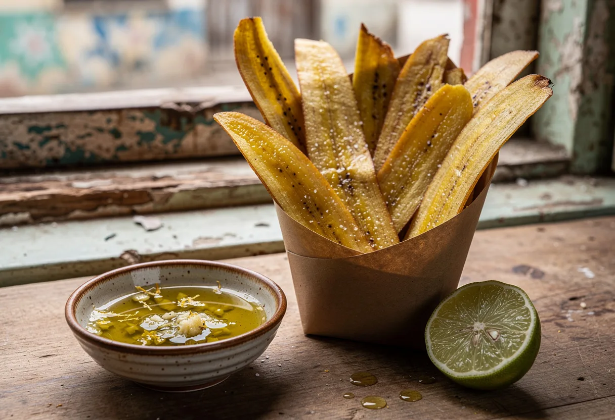 A paper cone of long, curled, golden plantain chips beside a small bowl of garlic mojo