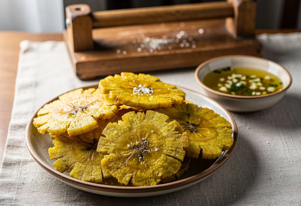 Golden, crisp flattened plantain rounds sprinkled with coarse salt beside a small bowl of garlic mojo