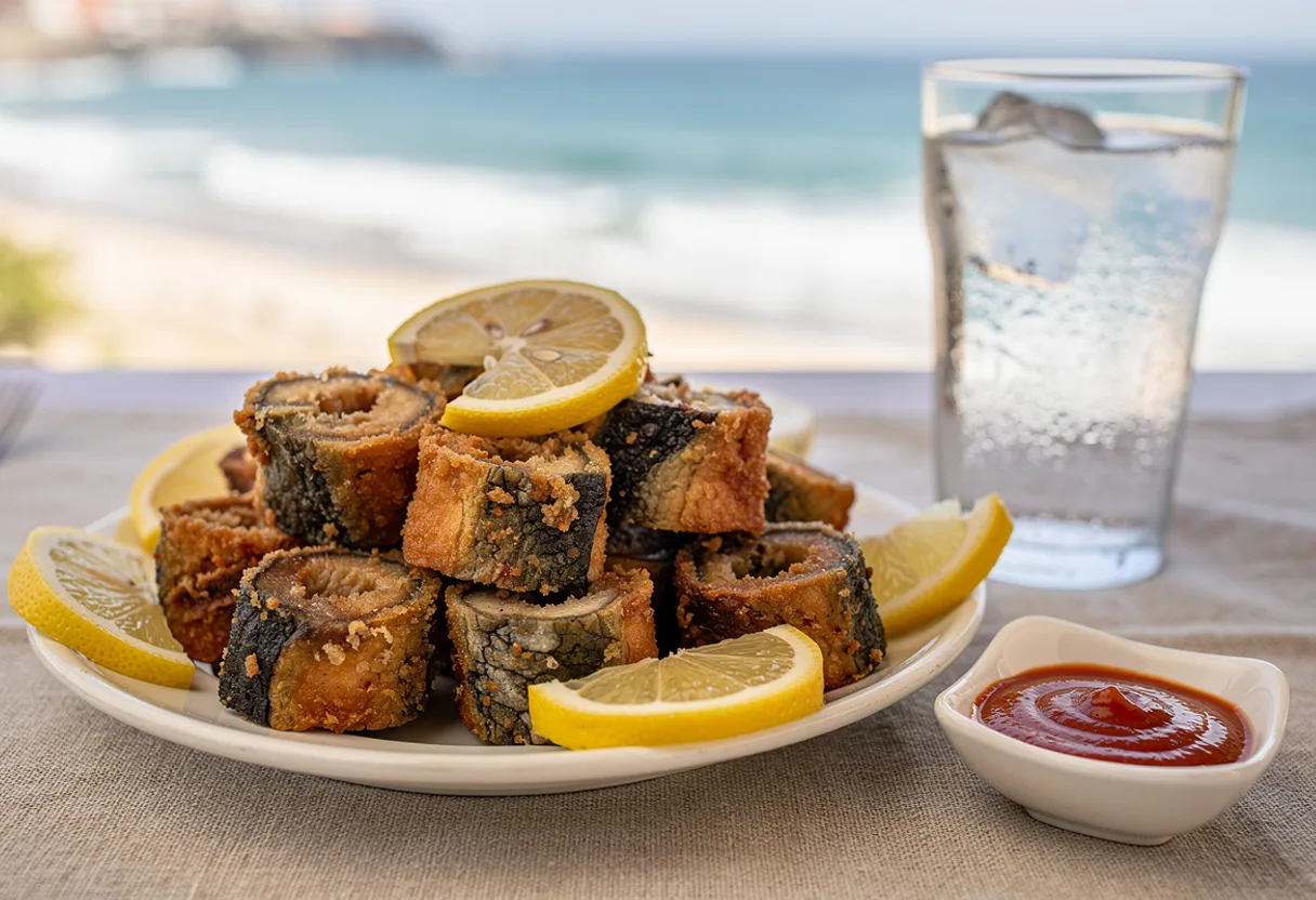 Crisp, golden-brown pieces of fried moray eel with lemon slices
