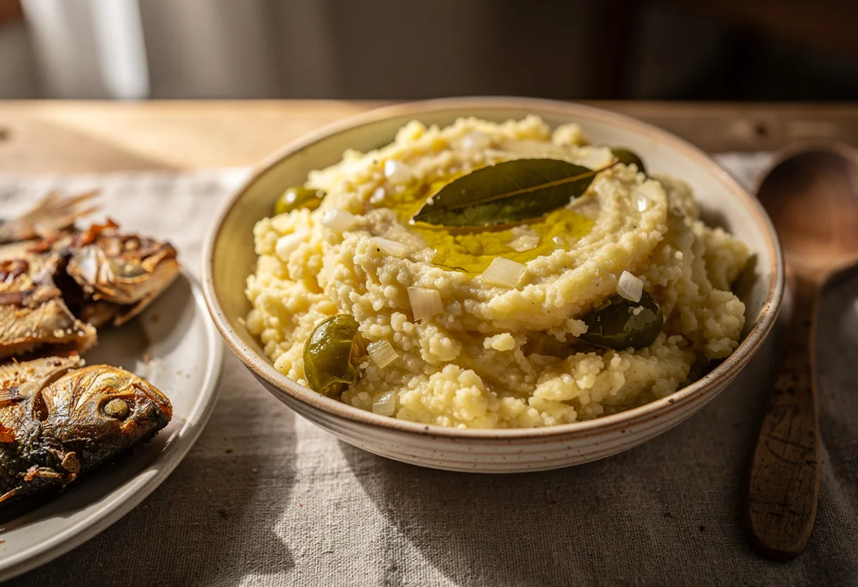 A bowl of soft, golden coarse cornmeal flecked with onion and green pepper
