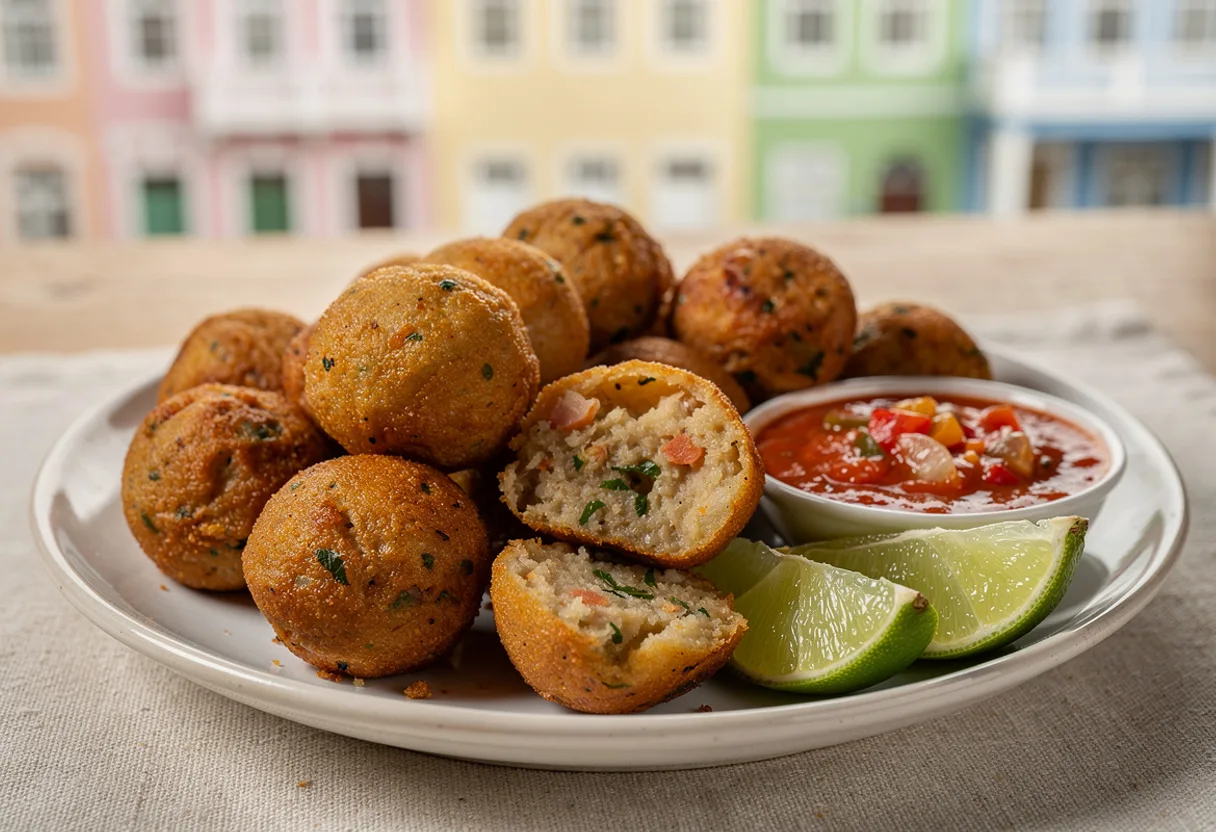 Golden fried fish balls on a plate with a small bowl of red tomato Creole sauce and lime wedges