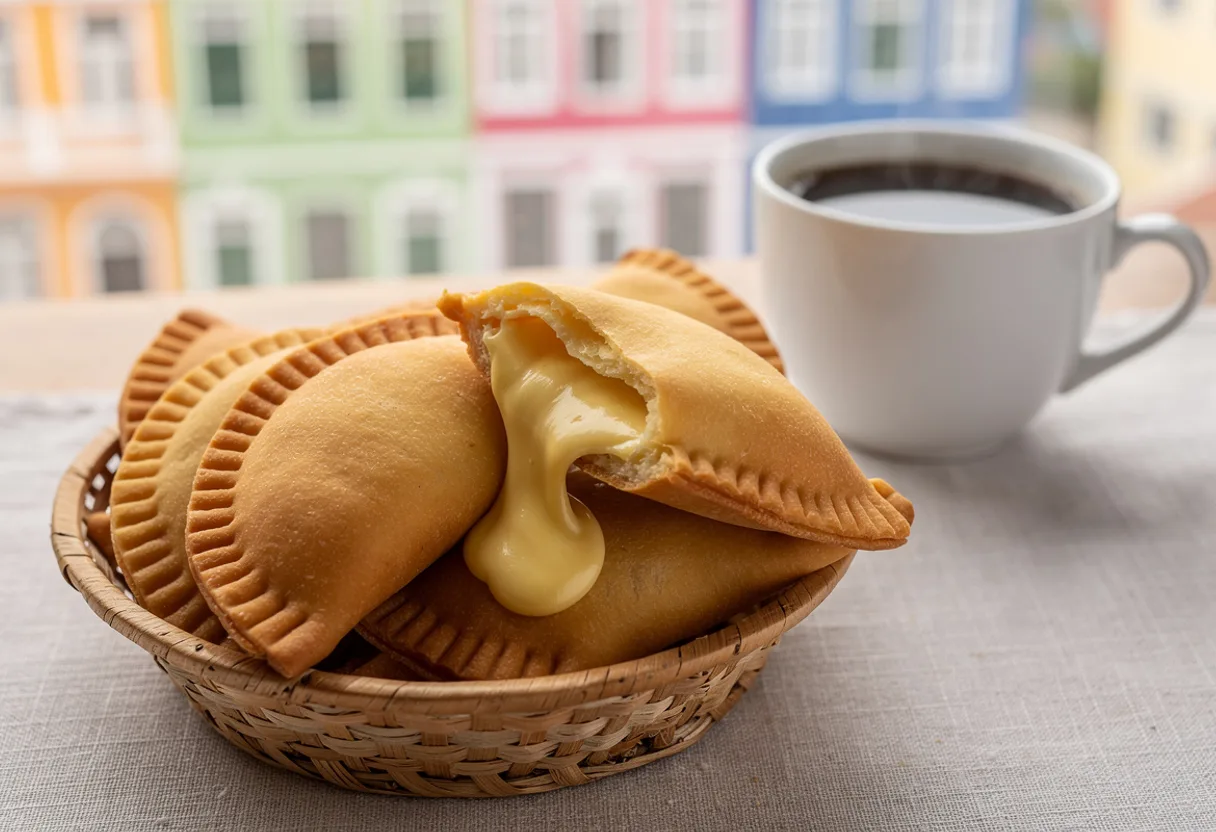 Golden fried half-moon pastries with fork-crimped edges, one broken open to show melted yellow cheese