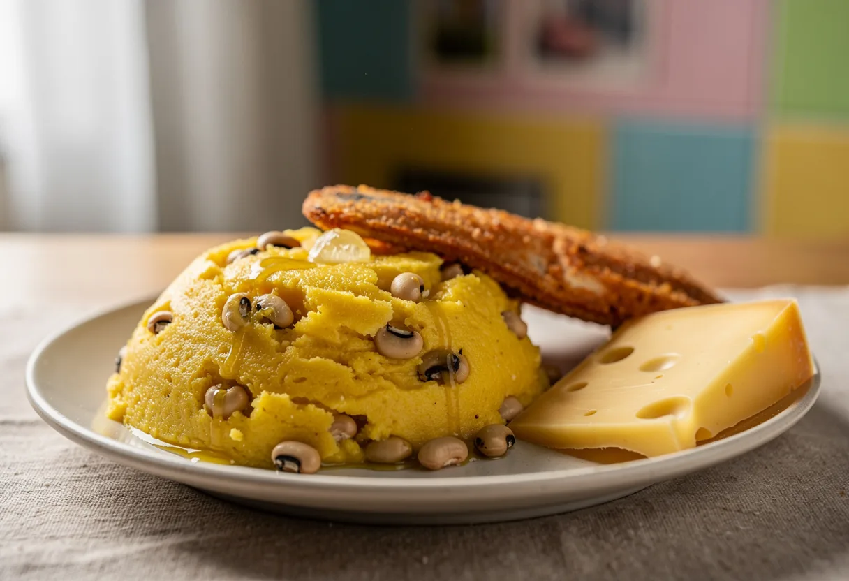 A mound of thick golden cornmeal speckled with black-eyed peas beside fried fish