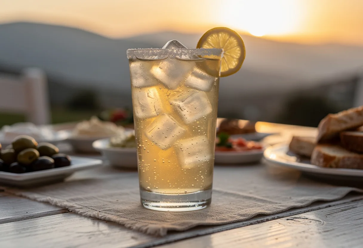 Tall sugar-rimmed glass of pale golden brandy sour over ice with a lemon slice