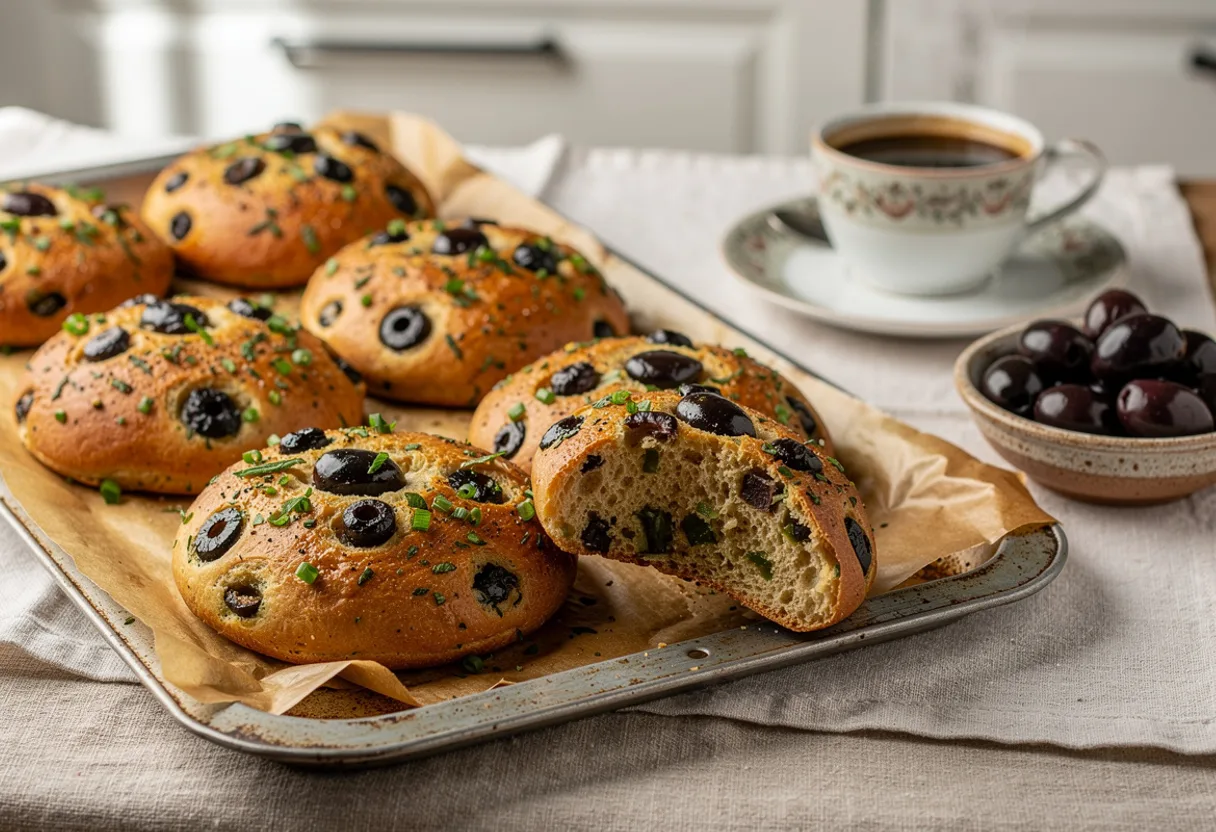 Round golden olive breads flecked with black olives and green herbs