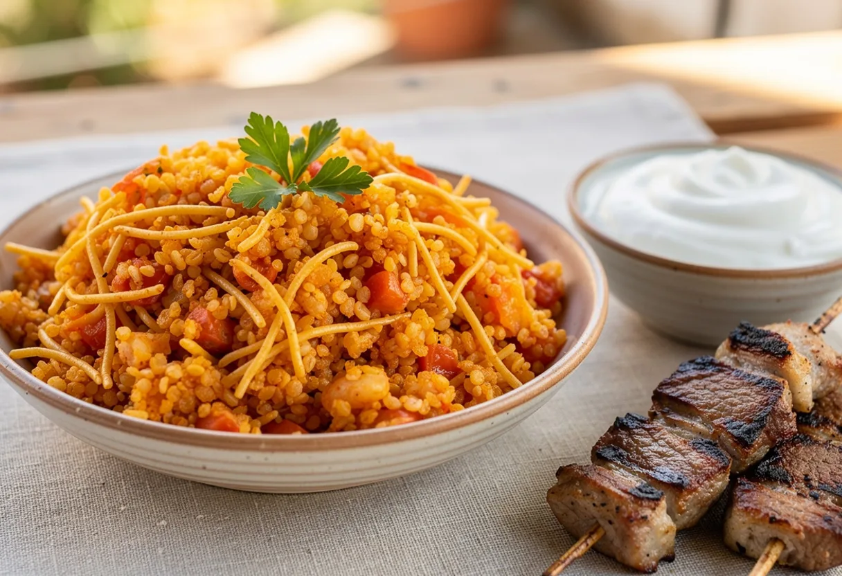 Bowl of fluffy golden-orange bulgur pilaf with strands of toasted vermicelli, with a bowl of white yogurt