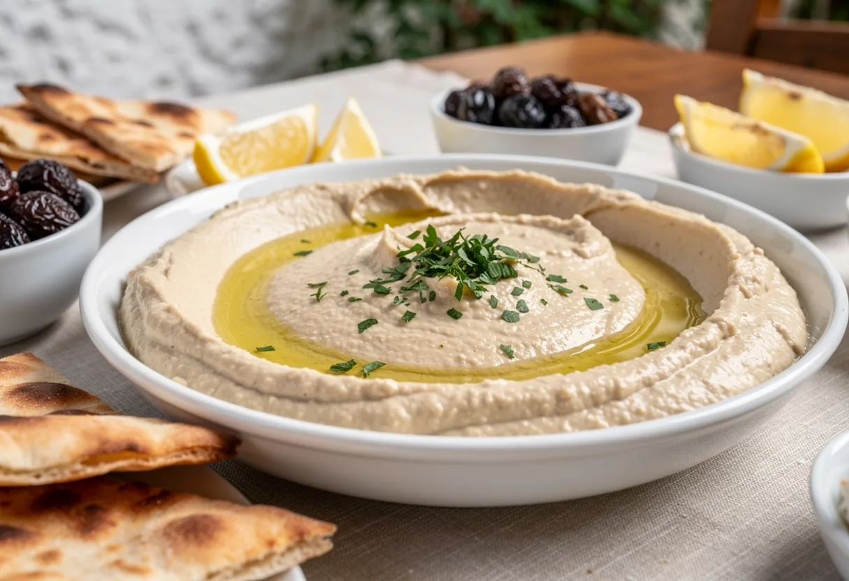 Bowl of pale creamy tahini dip with olive oil and parsley, with pitta and olives